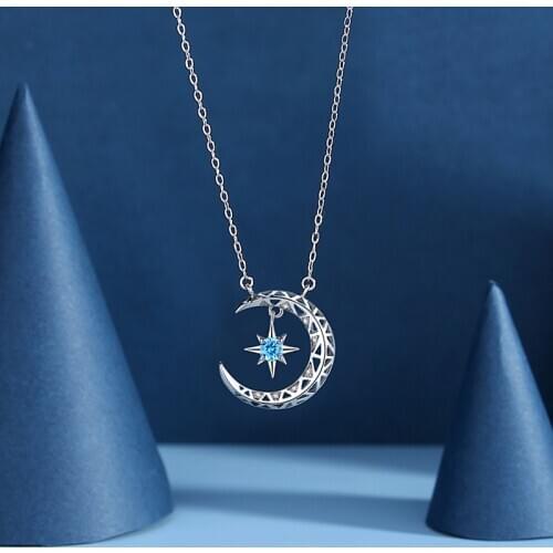 Real 925 Sterling Silver Sparkling Moon And Star Necklaces Pendants for Women Romantic Necklace Jewelry Gift