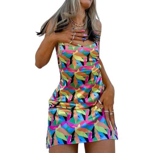 Women Sexy A-line Dress Adults Slim Fit Geometric Print Square Collar Spaghetti Strap Slit