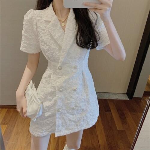Dress French 2021 Summer New Suit White Puff Sleeve dress vestido midi elegante short prom dress vintage Button