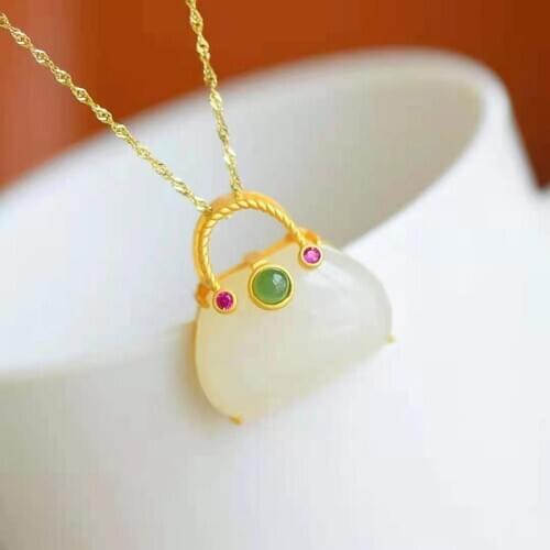 2021 New Collection with Natural Hetian Jade Pendant 925 Silver Fashion Bag Necklace Designed for Women Jewelry