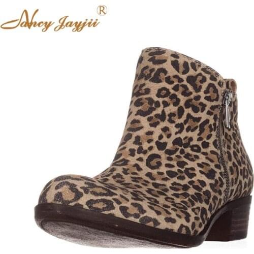 2021 Winter Women’S Leopard Flock Sexy Zip Ankle Boots Female Office Round Toe Chunky Heel Booties Girl Party School Shoes