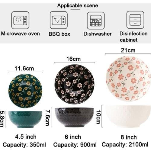 3 Pcs Colorful Glazed Embossed Ceramic Bowl Set PorcelainTableware Rice Noodle Soup Underglaze Color Support Oven CZY05FD468S