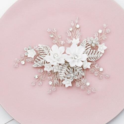 White Resin Flower Bridal Wedding Hair Comb Clip Rhinestone Jewelry Hair Pins for Women Accessories Silver Color Bride Headpiece