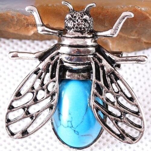 Cicada Brooch Natural Stone Blue Howlite CAB Cabochon Bead Pendant for Men Women DIY Jewelry Making 1Pcs K631
