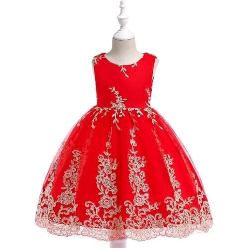 2021 European and American Childrens Dress Mesh Embroidered Princess Dress Skirt Gold Line Embroidered Wedding Dress