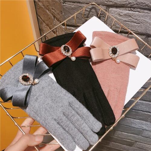 Women Touch screen gloves five finger cashmere bow thick cute warm gloves