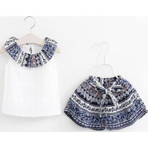 Oklady 2019 Summer Girls Clothing Set New Style Girls Lotus Leaf Collar Vest Shorts Two-Piece Set National Wind Suit