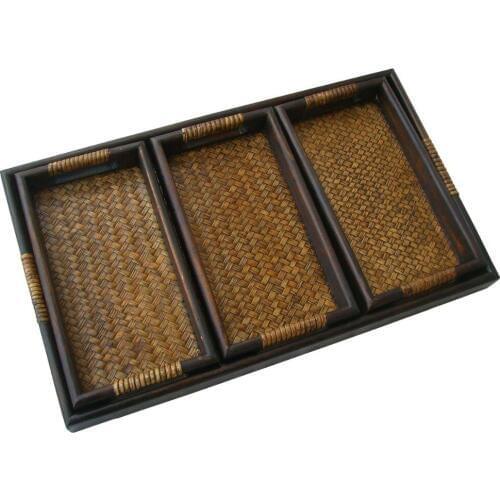 Set of 4 Dark Brown Wood and Woven Rattan Nesting Serving Trays with Cut-Out Handles Wooden Tray Serving Table For Gong Fu Tea