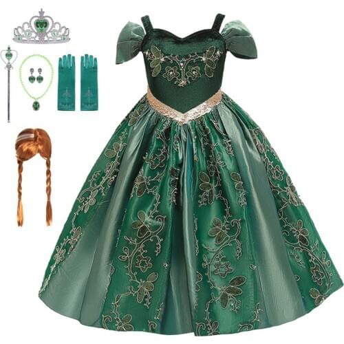 Fancy Fairy Girls Anna Elsa Dress Green Embroidered Boutique Princess Dress Halloween Anna Costume Kids Elegant Evening Dresses