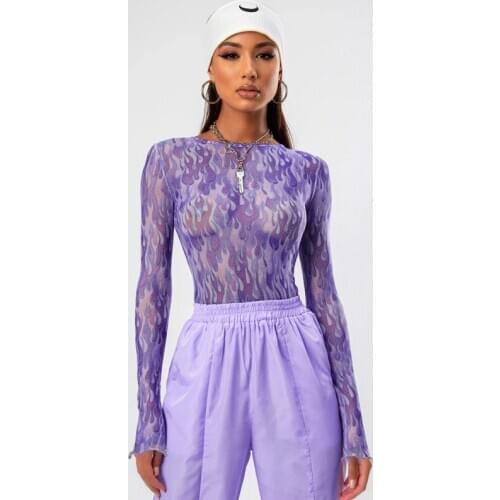 Autumn Womens Mesh Top Flame Print Long Sleeve Round Neck Lotus Lace T-shirt Slim Female Bottoming Shirt Hip-hop Street Wear