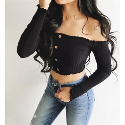 Sexy Women tshirt Off Shoulder Crop Tops Ladies Long Sleeves Knitted Solid T-shirt Tee Shirt Femme Streetwear Korean Style
