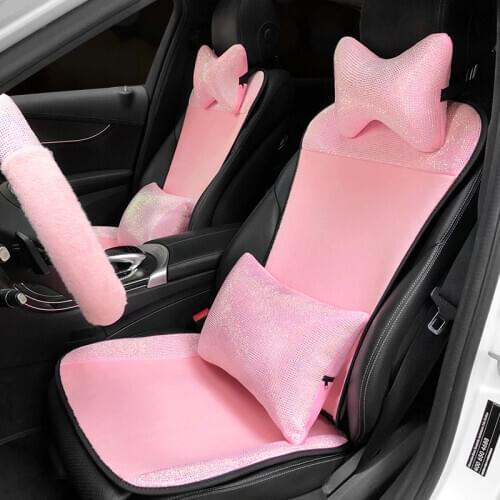 Rhinestone Car Seat Cover Pink Plush Diamond Auto Interior Seat Cushion Universal Size Seats Covers Girls Women Car Styling