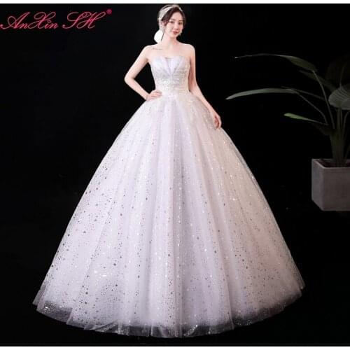 AnXin SH princess sparkly white lace evening dress vintage silvery star sequins strapless sleeveless bride evening dress