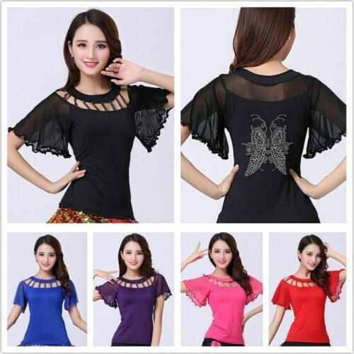 Women Latin Dance Blouse T-shirt Top Ballroom Dancewear Salsa Tango Diamond Flare Sleeve Practice 904-B135