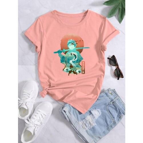 Anime Demon Slayer Printing Womens Tee Shirts Oversize Round Neck Clothes Fashion Style t Shirts Summer Casual Womens Tshirts