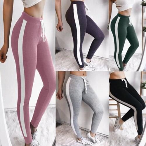 Women Skinny Sweatpants Cotton Blended Stripe Fitness Yoga Workout Gym Push Up Lacing Elastic Waist Sport Pants Female Clothing