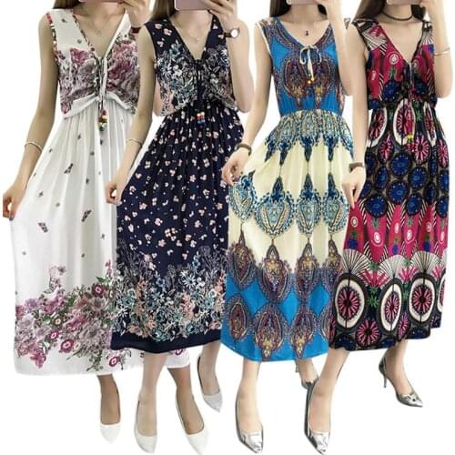 2019 Summer Bohemia Floral Print Sleeveless Tunic Long Dress Elegant Women Maxi Dresses Beach Summer Bohemia Dresses Plus Size