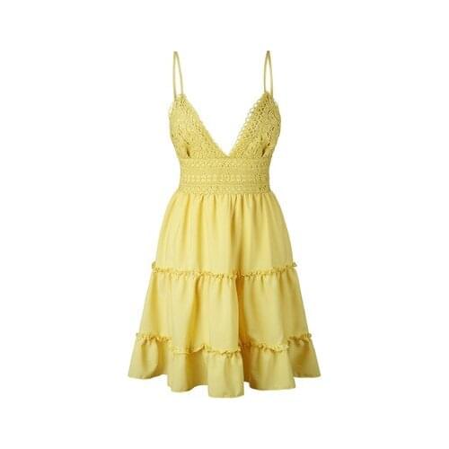 2018 Summer Lady Strap Deep V Neck Pleated Lace Yellow Dress Women Backless Bow Casual Yellow Dress Female Short Mini Dress