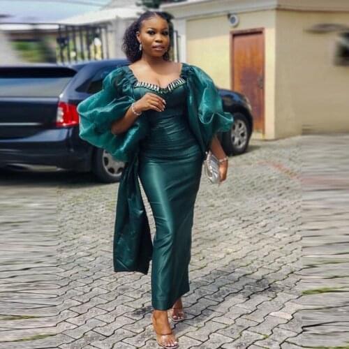 Hunter Beaded Mermaid Evening Dresses Ankle Length Puffy Long Sleeves Prom Dress African Women Formal Gowns Party Vestidos