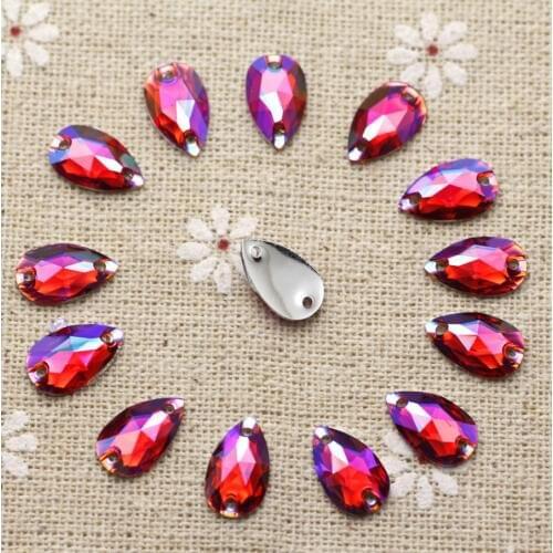 100pcs 7*12mm Red AB Silver Base FlatBack Sew On Stone Droplet Resin Sewing On Rhinestone For Jewelry And Clothes Garment sew on