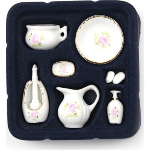 8Pcs/lot 1/12 Miniature Set Floral Ceramic Pastel Rose Dollhouse Bath Decoration Dolls Gift Kits Dollhouse Bathroom Accessories