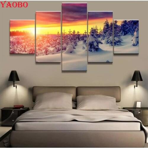 Diamond Embroidery 5 Piece Fantasy Art Sunset Snowy Forest Diamond Mosaic,Diamond Pattern,DIY Diamond painting Full square