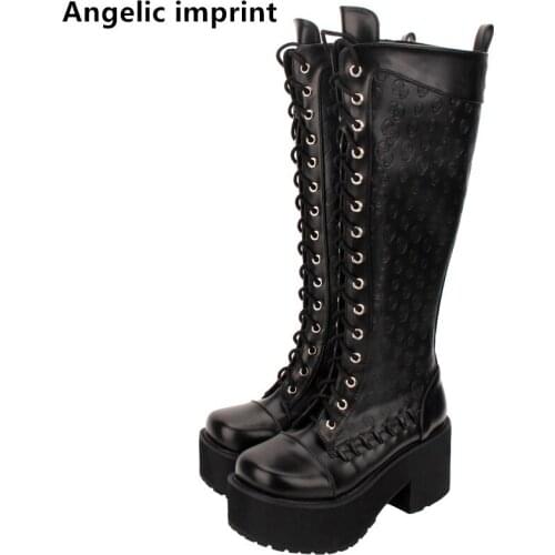 Angelic imprint handmade mori girl Women Gothic motorcycle punk boots lady lolita Boots woman high heels pumps print shoes 33-47