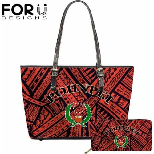 FORUDESIGNS Brand Women Leather Designer Handbags Pohnpei Polynesian Tribal Color Design Trend Shoulder Travel Bag Ladies Wallet