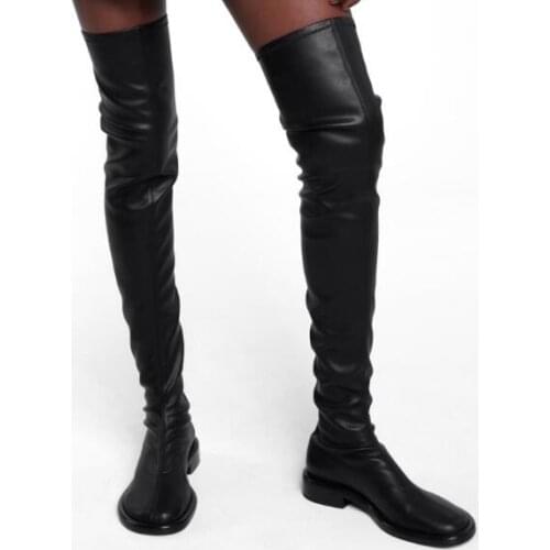 Girls Black Matte/Patent Leather Round Toe Over The Knee Thigh Boots Woman 3 CM Low Heels Slip On Slim Long Knight Boots Shoes