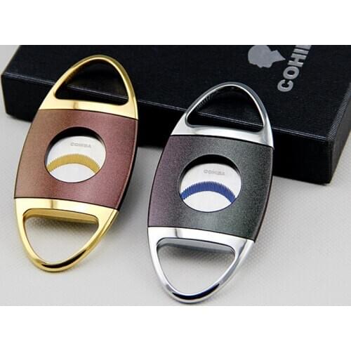 COHIBA Stainless Steel Cigar Cutter Super Sharp Sawtooth Baldes Cigarette Guillotine W/Leather Case Gift Box Smoking Tool