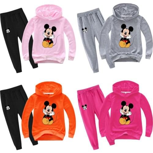 Disney childrens clothing spring and autumn two-piece cartoon Mickey Minnie casual pullover hooded sweater and trousers suit
