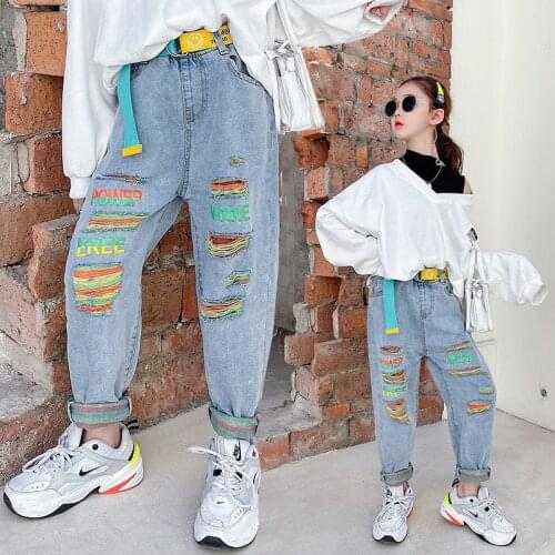 Kids boys girls jeans Trousers Childrens Clothing High Waist Belt Jeans Slim Color Hole Ripped Pants for Teen Girls Denim pants