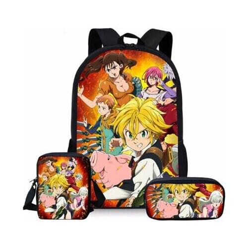 Kids Schoolbag Children Anime Seven Deadly Sins School Bag Set for Boys Girls 3PCS Nanatsu No Taizai Meliodas Elizabeth
