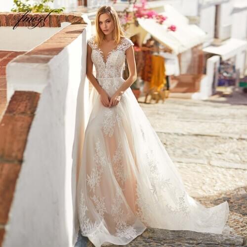 Fmogl Vestidos De Noiva Sexy Illusion Lace Vintage Wedding Dresses 2021 Cap Sleeve Appliques Sweep Train A Line Bride Gown