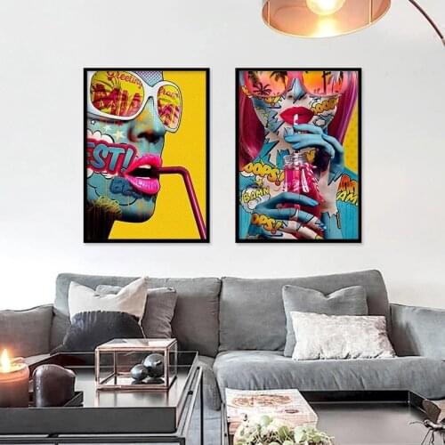 Graffiti Fashion Woman Drinking Beverage Wall Art Abstract Canvas Painting Poster Hd Print Picture Canvas Living Room Home Decor