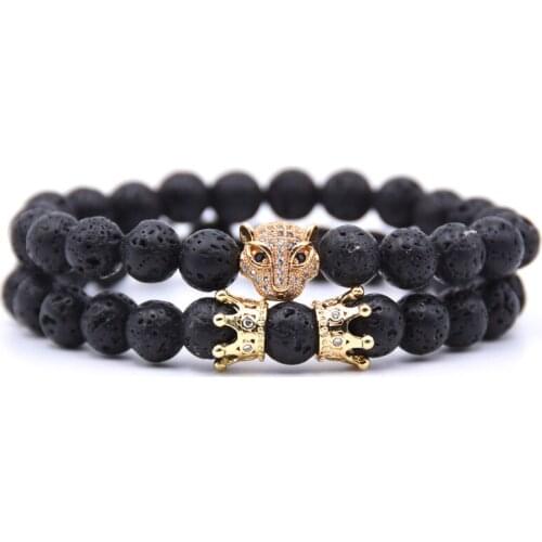 HYHONEY 2PCS/set Classic Volcanic stone Pave CZ Leopard head Charms Bracelets For women&men Bracelet Jewelry gifts Pulseras moda