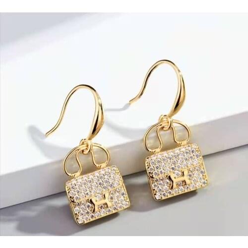 Korean personality zircon mini bag earrings creative sweet lady bag letters web celebrity temperament ear hook earrings pendant
