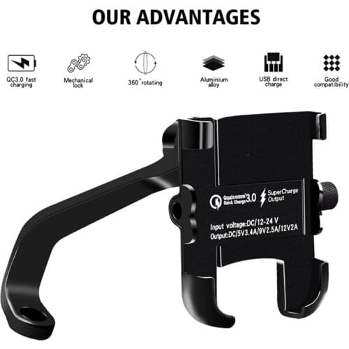 Motorcycle Spring Shaft 3.0 Fast Charging 12V Aluminum Alloy Mobile Phone Holder Black Mirror Holder Installation Style