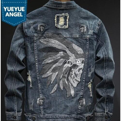 Spring Men Embroidered Loose Fit Denim Coat Street Hole Ripped Zipper Jeans Fashion Single Breasted Cowboy Jacket Plus Size