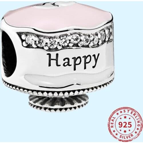 Real 925 sterling silver Beads Happy Birthday Cake Crystal Charm Suitable fit Original Pandora Bracelet Jewelry 2021