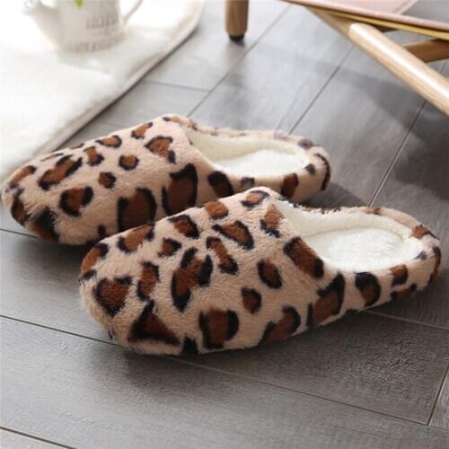 Couple Indoor Plush Slippers Leopard Printed Plus Size Soft Warm Flats Female Male Fashion Floor Home Shoes Bedroom