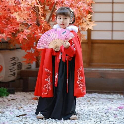 Chinese Traditional Child Red Hanfu Cloak Winter Warm Phoenix Embroidery For Girls Han/Tang/Song/Ming Dynasty Ancient Cape VO442