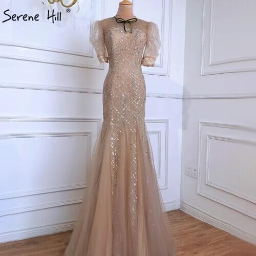 Serene Hill Champagne Luxury Sexy Evening Dresses Gowns 2021 Mermaid Elegant Half Puff Sleeves For Women Party BLA70932