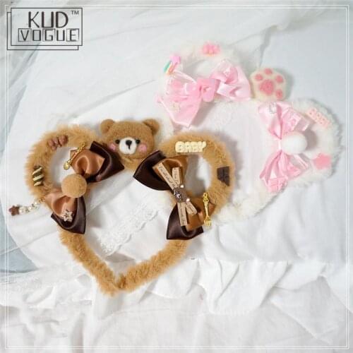 Handmade Japanese Sweet Lolita Plush Bear Ears Bow Hair Band Hair Accessories Kawaii Girl Korean Cosplay Kc Headband Hair Hoop