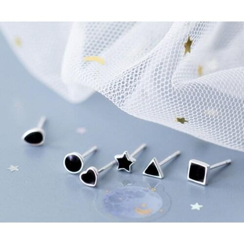 Simple Black Enamel Stud Earrings Small Triangle Round Star Heart Stud Earrings Silver Plated Womens Wedding Earrings Jewelry