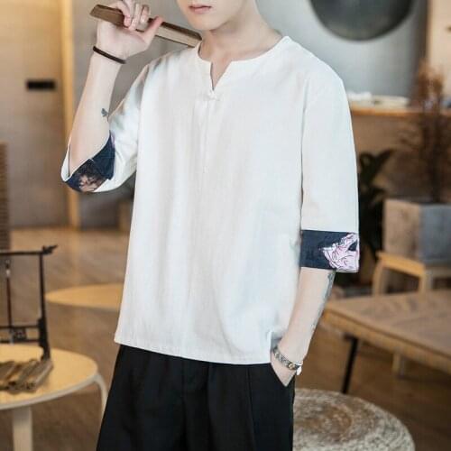 Summer Men Linen Shirt Chinese Style Retro Casual V-Neck Tops Plus Size Cotton Traditional Asian Tang Suit Tops For Man 31174