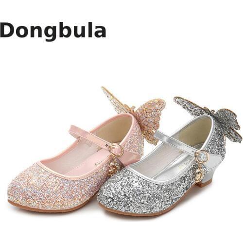 2019New Summer Girls High Heel Princess Sandals Children Shoes Glitter Leather Butterfly Girl Party Shoes For Kids Dress Wedding