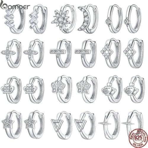Bamoer Huggie Earrings, Platinum Plated 925 Sterling Silver Star Earrings with Cubic Zircon Fine Jewelry for Women