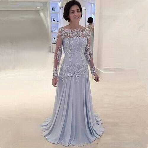Light Blue Long Sleeve Plus Size Mother of The Bride Dresses A Line Lace Chiffon Mother Evening Dresses Vestidos De Madrina