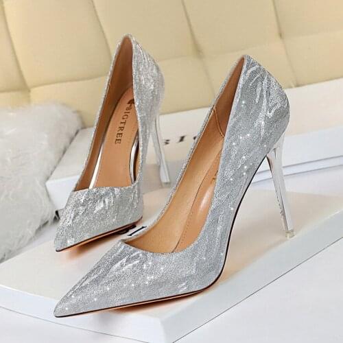 Shoes Woman Pumps Silver Champagne High Heels Stiletto Wedding Shoes Sequins Women Heels Fashion Ladies Shoes Party Shoes